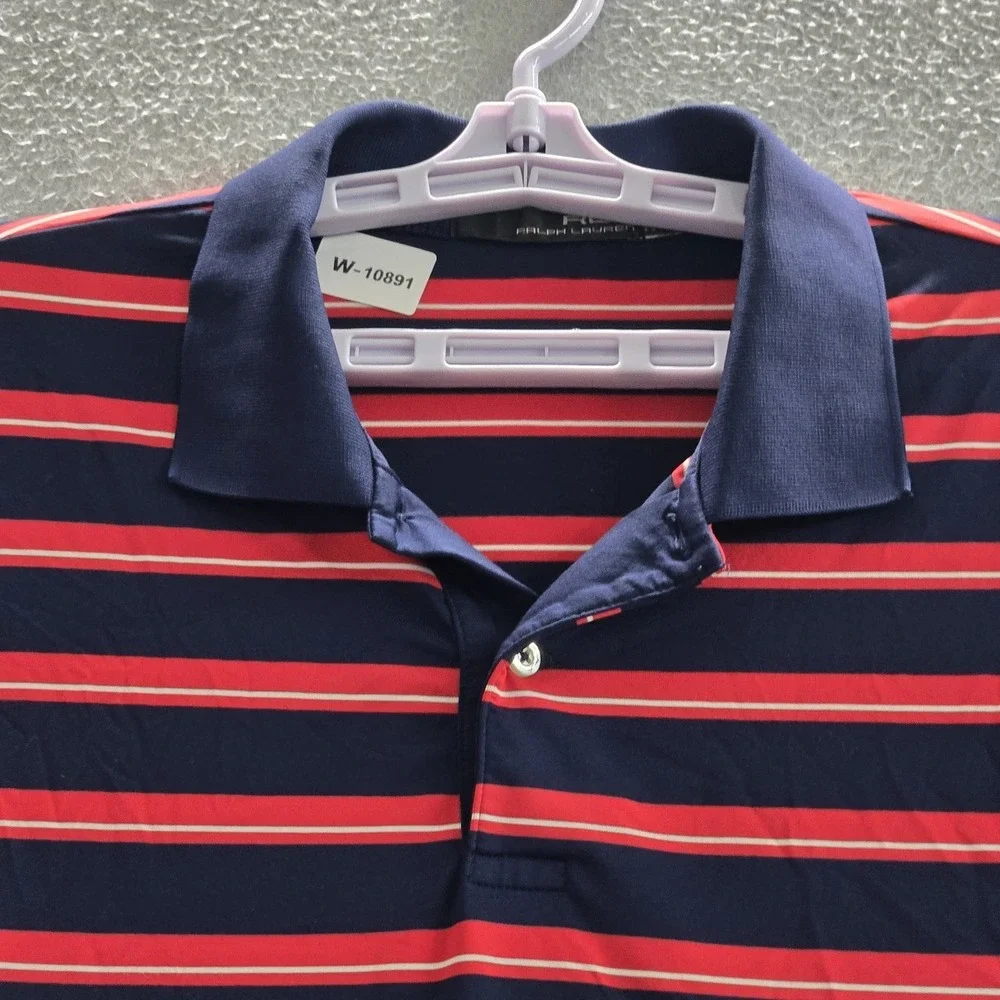RLX Ralph Lauren Men Polo L Navy Red Striped Golf Short Sleeve Collar Logo